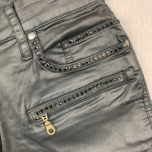 Robins Jean Men Pants 32x30 Black Studded Jeans Slim Fake Leather Motard Biker - Picture 5 of 16